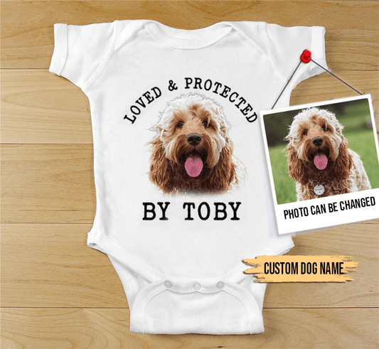 Custom Cockapoo Baby Onesies, Loved & Protected By Custom Dog Baby Onesies, Personalized Onesies, Newborn Onesies - Perfect Gift For Baby, Baby Gift Onesie - Amzanimalsgift