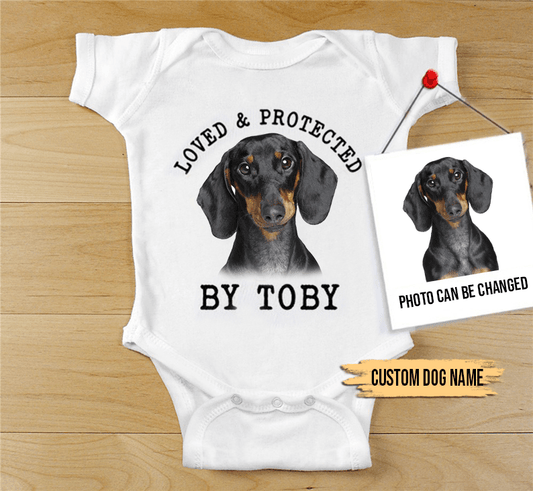 Custom Dachshund Baby Onesies, Loved & Protected By Custom Dog Baby Onesies, Personalized Onesies, Newborn Onesies - Perfect Gift For Baby, Baby Gift Onesie - Amzanimalsgift