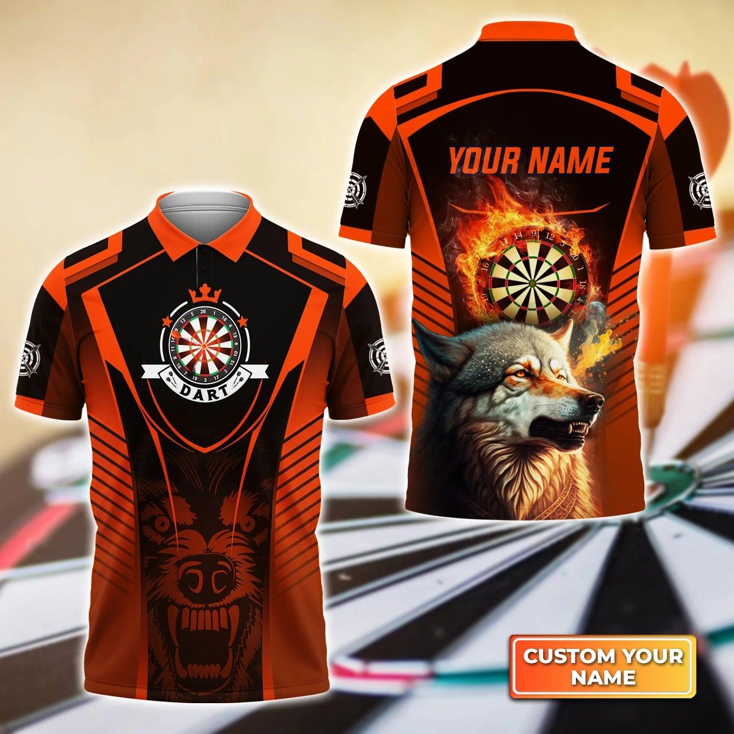 Custom Dart Men Polo Shirt - Orange Wolf Dartboard Personalized Name Polo Shirt, Perfect Dart Polo Shirt For Men, Dart Players - Amzanimalsgift