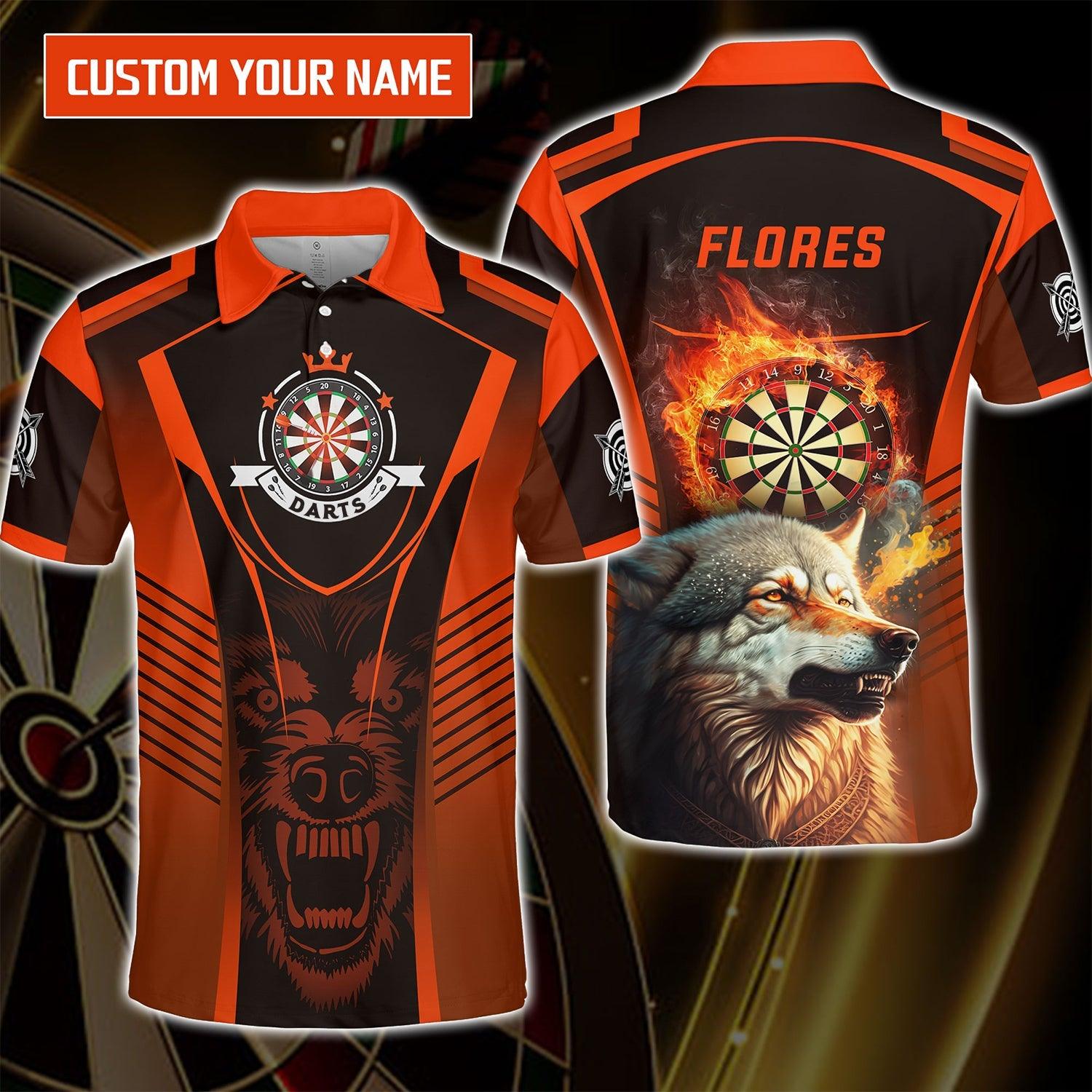 Custom Darts Men Polo Shirt, Orange Wolf And Dartboard Personalized Name Shirt, Perfect Darts Shirt For Men, Darts Players - Amzanimalsgift