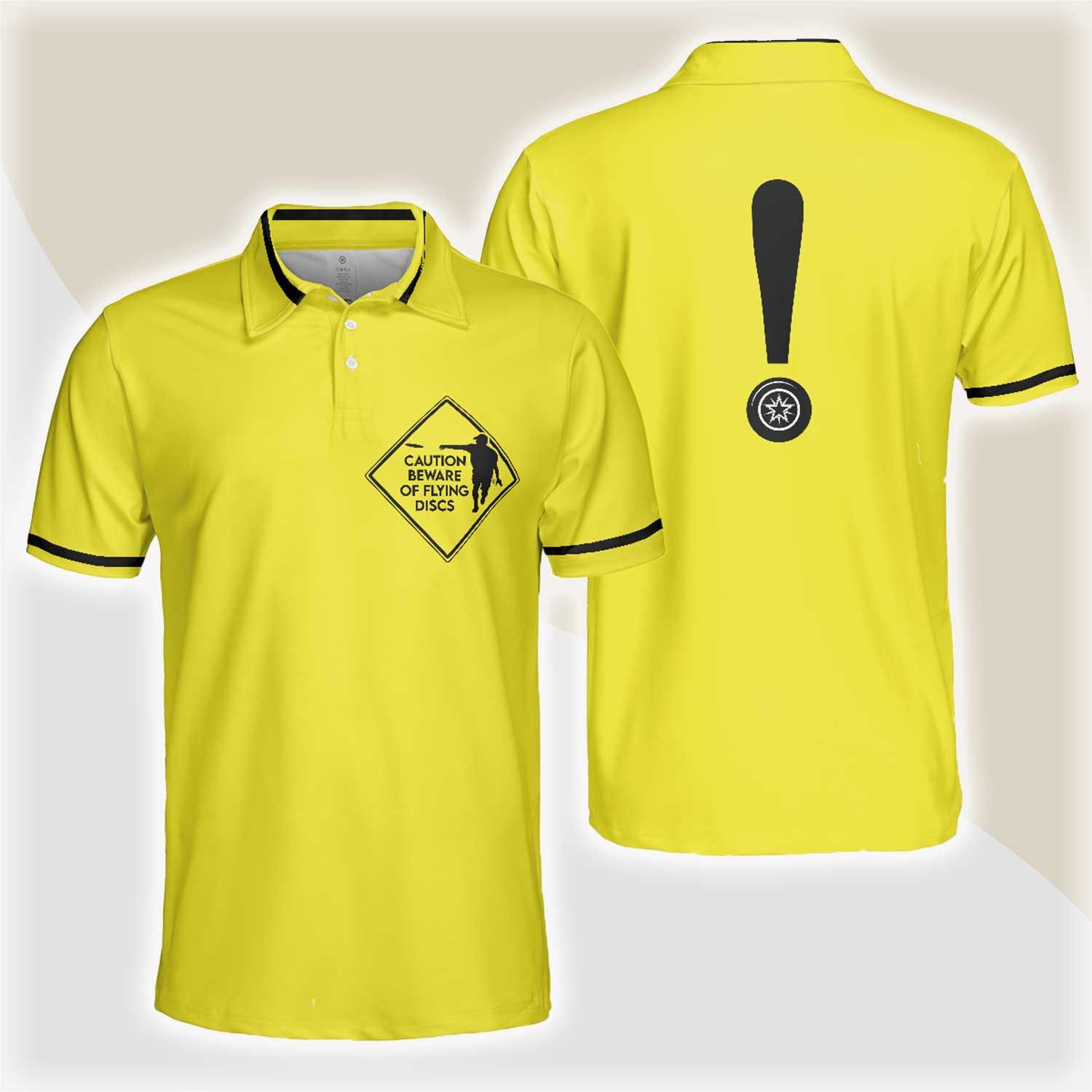 Custom Disc Golf Men Polo Shirt - Caution Beware Of Flying Discs Men Polo Shirt, Yellow Skull Polo Shirt, Best Golf Shirt For Men - Amzanimalsgift