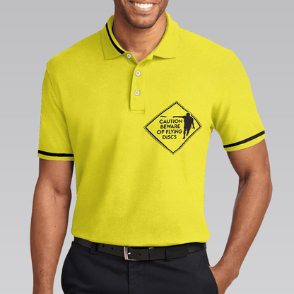 Custom Disc Golf Men Polo Shirt - Caution Beware Of Flying Discs Men Polo Shirt, Yellow Skull Polo Shirt, Best Golf Shirt For Men - Amzanimalsgift