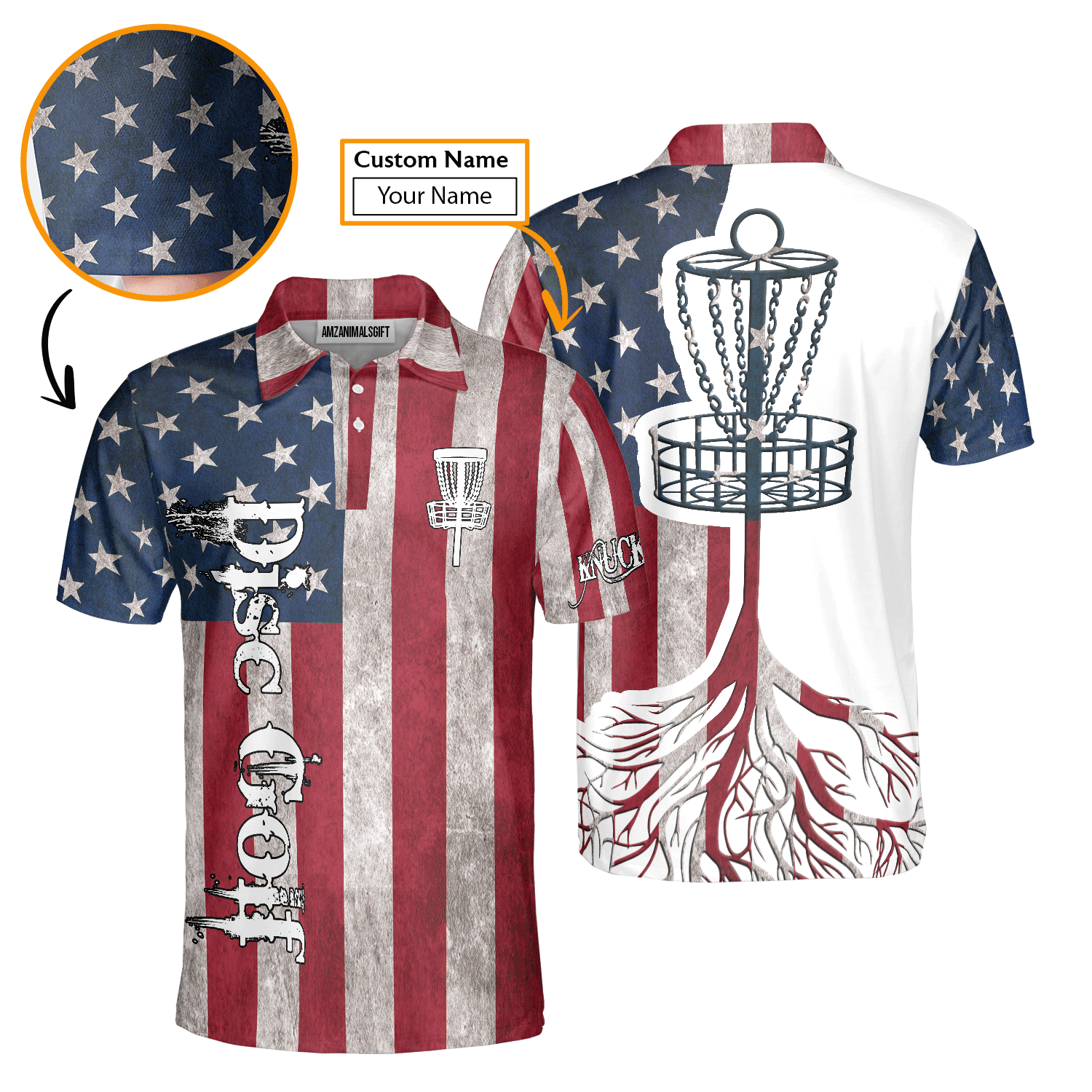 Custom Disc Golf Men Polo Shirt - Custom Name American Flag Disc Golf Basket Apparel Men Polo Shirt - Perfect Polo Shirt For Men, Disc Golf Lover - Amzanimalsgift