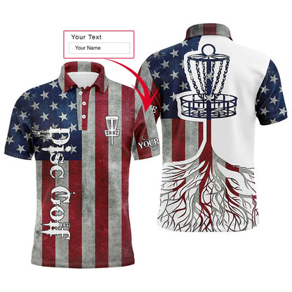 Custom Disc Golf Men Polo Shirt - Custom Name American Flag Disc Golf Basket Apparel Men Polo Shirt - Perfect Polo Shirt For Men, Disc Golf Lover - Amzanimalsgift