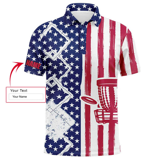Custom Disc Golf Men Polo Shirt - Custom Name American Flag Disc Golf Basket Apparel Men Polo Shirt - Perfect Polo Shirt For Men, Disc Golf Lover - Amzanimalsgift