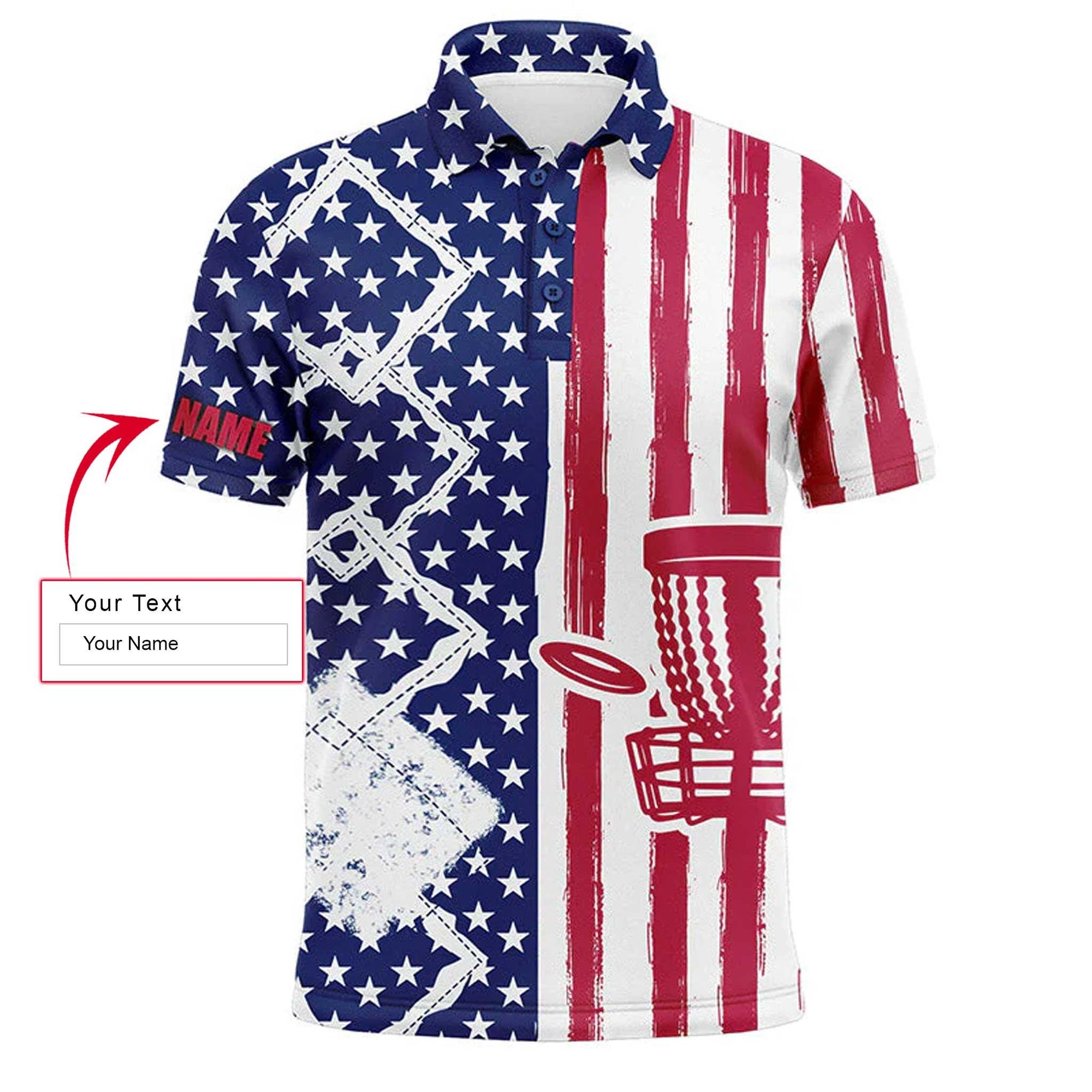 Custom Disc Golf Men Polo Shirt - Custom Name American Flag Disc Golf Basket Apparel Men Polo Shirt - Perfect Polo Shirt For Men, Disc Golf Lover - Amzanimalsgift