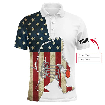 Custom Disc Golf Men Polo Shirt - Custom Name American Flag Sasquatch Playing Apparel Men Polo Shirt - Perfect Polo Shirt For Men, Disc Golf Lover - Amzanimalsgift