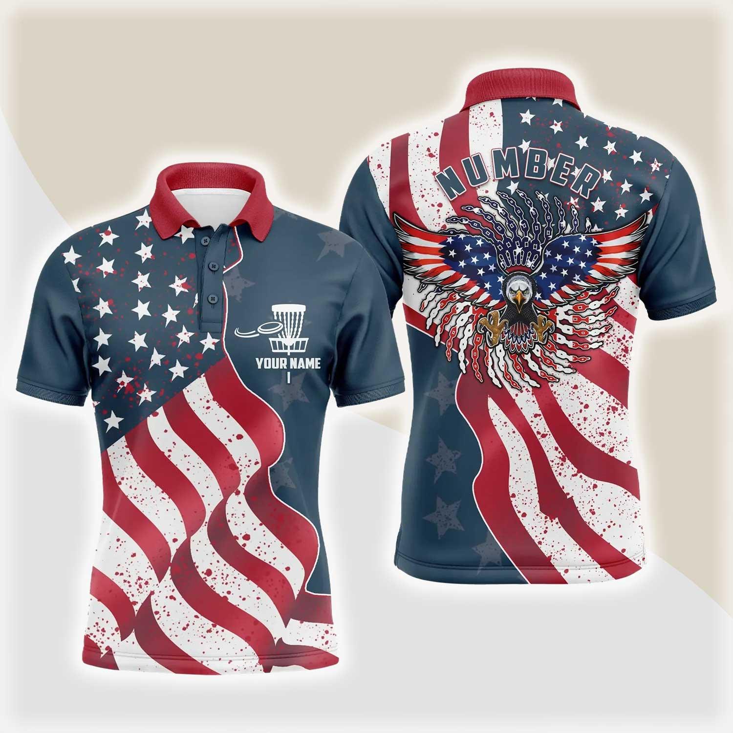 Custom Disc Golf Men Polo Shirt - Custom Name And Number Eagle American Flag Apparel Men Polo Shirt - Perfect Polo Shirt For Men, Disc Golf Lover - Amzanimalsgift