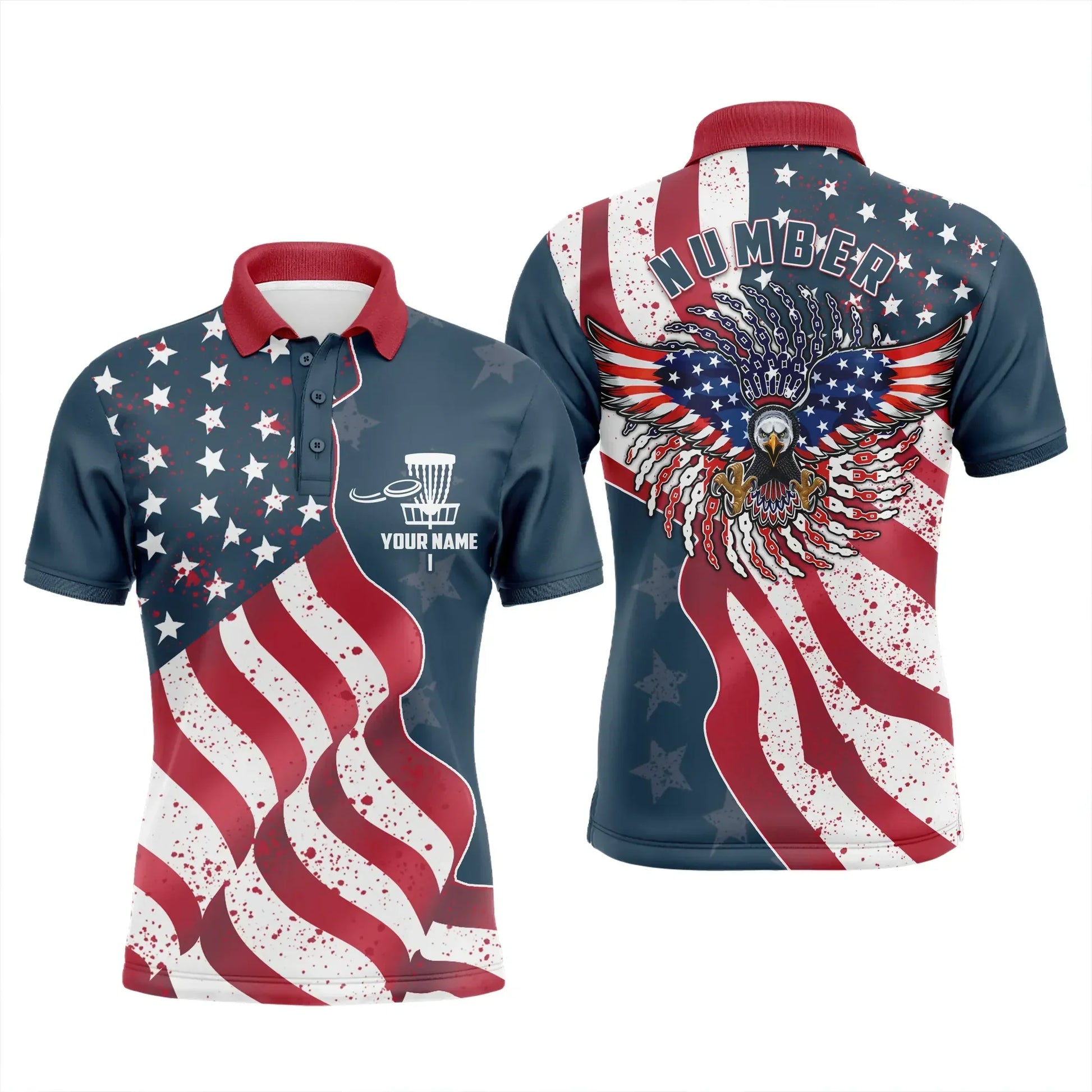 Custom Disc Golf Men Polo Shirt - Custom Name And Number Eagle American Flag Apparel Men Polo Shirt - Perfect Polo Shirt For Men, Disc Golf Lover - Amzanimalsgift