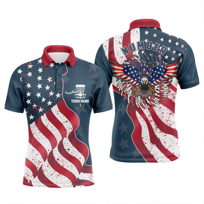Custom Disc Golf Men Polo Shirt - Custom Name And Number Eagle American Flag Apparel Men Polo Shirt - Perfect Polo Shirt For Men, Disc Golf Lover - Amzanimalsgift