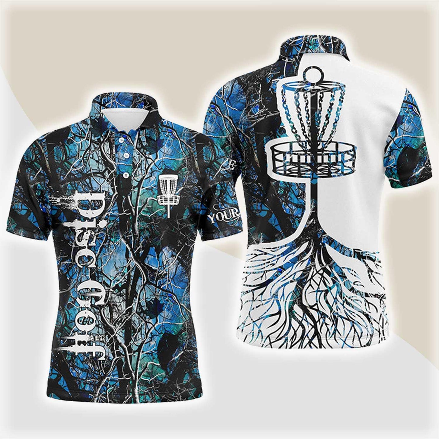 Custom Disc Golf Men Polo Shirt - Custom Name Blue Camo Disc Golf Basket Apparel - Personalized Gift For Disc Golf Lover, Men, Husband, Boyfriend, Team - Amzanimalsgift