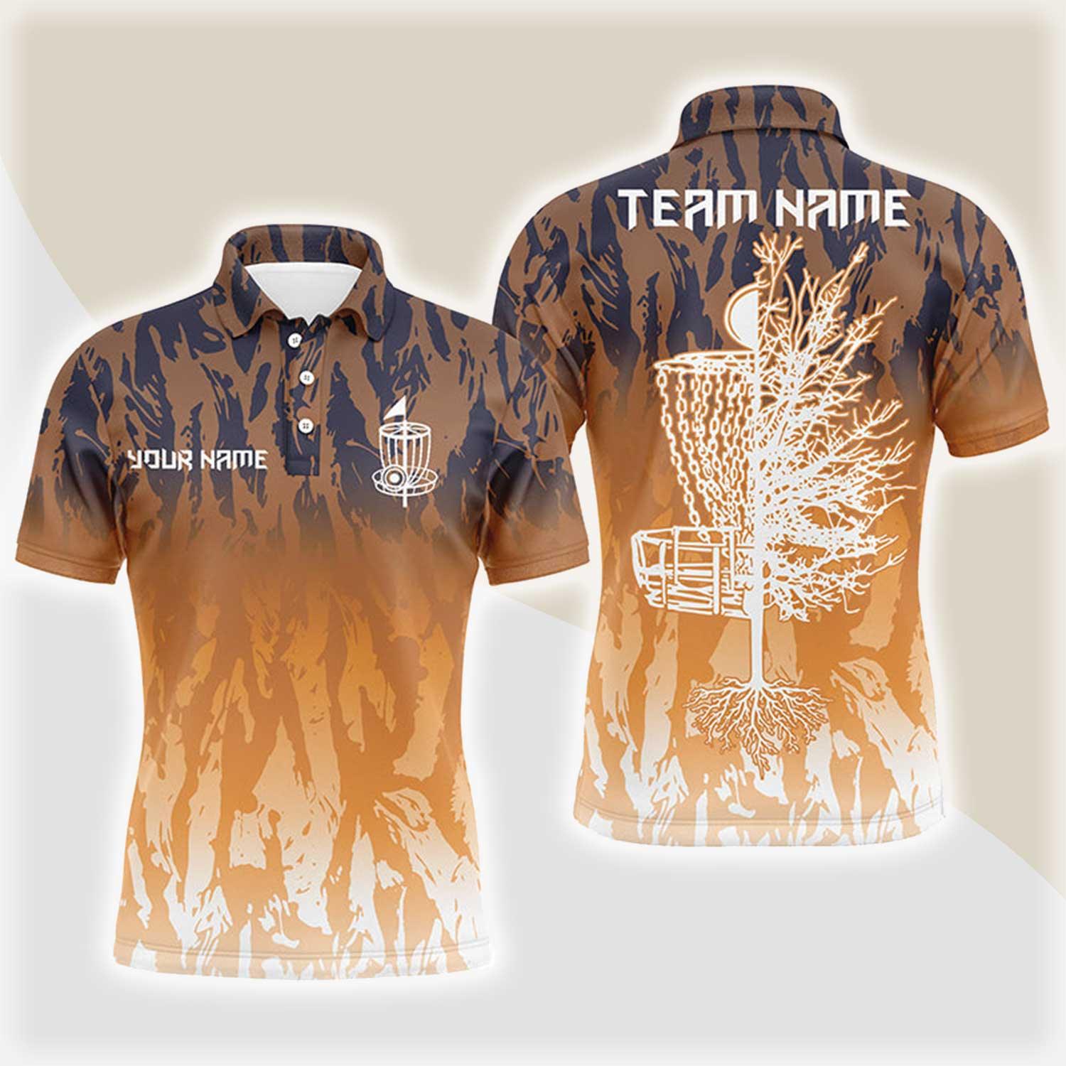 Custom Disc Golf Men Polo Shirt - Custom Name Orange Camo Disc Golf Basket Apparel - Personalized Gift For Disc Golf Lover, Male, Husband, Team - Amzanimalsgift