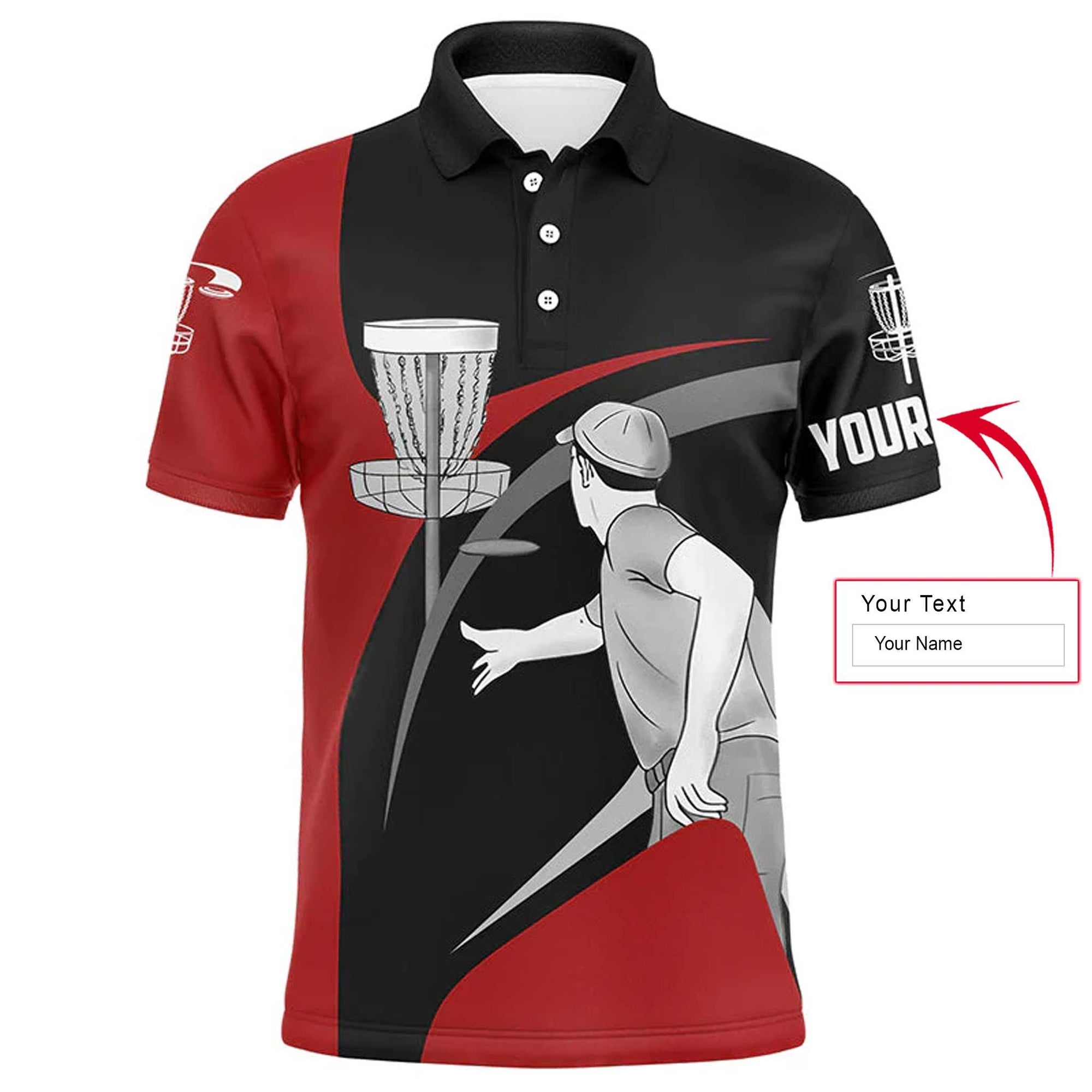 Custom Disc Golf Men Polo Shirt - Custom Name Red And Black Disc Golf Apparel - Personalized Gift For Disc Golf Lover, Male, Husband, Team - Amzanimalsgift