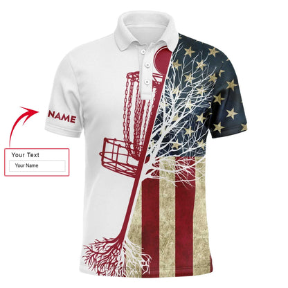 Custom Disc Golf Men Polo Shirt - Custom Name Vintage American Flag Disc Golf Basket Apparel - Personalized Sports Gift For Golf Lover, Male, Husband - Amzanimalsgift