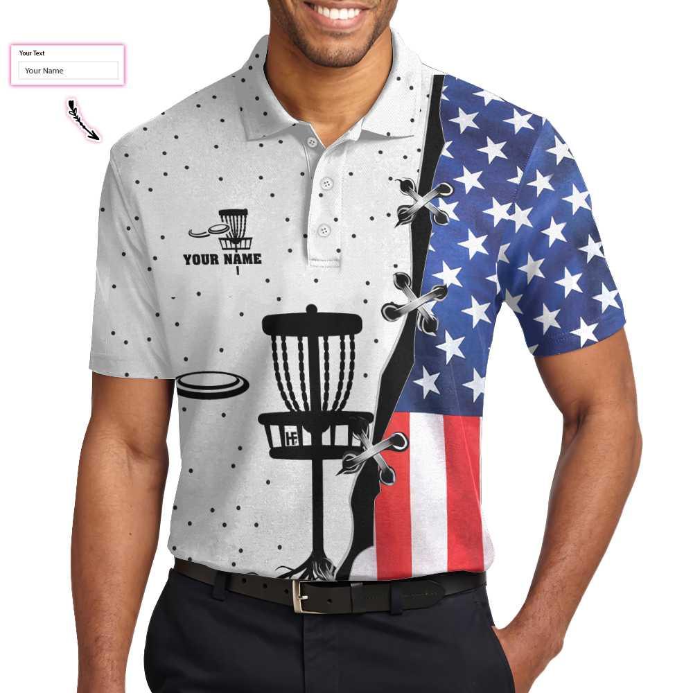 Custom Disc Golf Men Polo Shirt - Disc Golf Custom Men Polo Shirt, American Flag Dot Pattern Disc Golf Shirt For Men - Perfect Polo Shirt For Men - Amzanimalsgift
