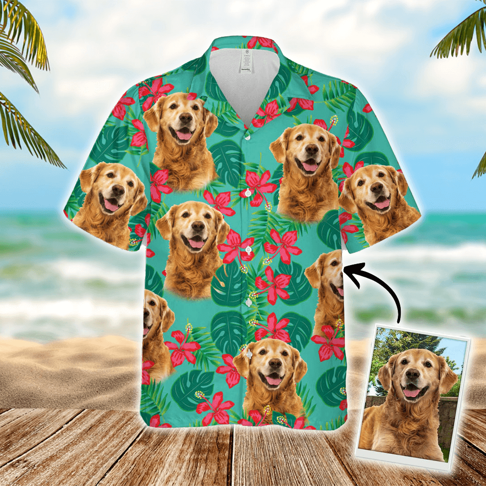 Custom Dog Face Hawaiian Shirt - Leaves & Flowers Pattern Mint Color Aloha Shirt - Personalized Hawaiian Shirt For Men & Women, Dog Lovers - Amzanimalsgift