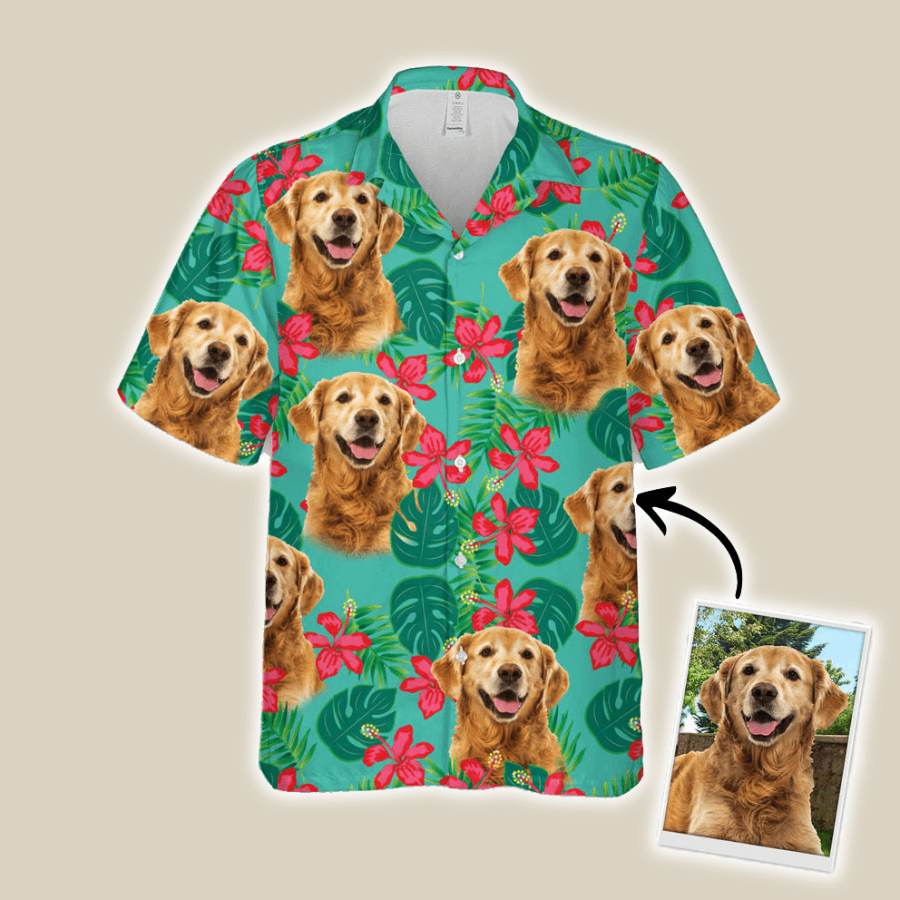 Custom Dog Face Hawaiian Shirt - Leaves & Flowers Pattern Mint Color Aloha Shirt - Personalized Hawaiian Shirt For Men & Women, Dog Lovers - Amzanimalsgift