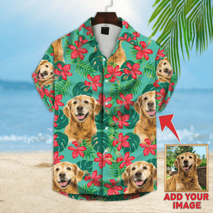 Custom Dog Face Hawaiian Shirt - Leaves & Flowers Pattern Mint Color Aloha Shirt - Personalized Hawaiian Shirt For Men & Women, Dog Lovers - Amzanimalsgift