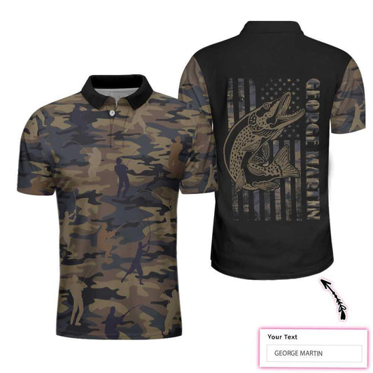 Custom Fishing Men Polo Shirts, Camouflage Fisherman Silhouette Vector Fishing Custom Polo Shirt, American Flag Polo Shirt, Fishing Shirt For Men, Best Gift for Fisherman - Amzanimalsgift