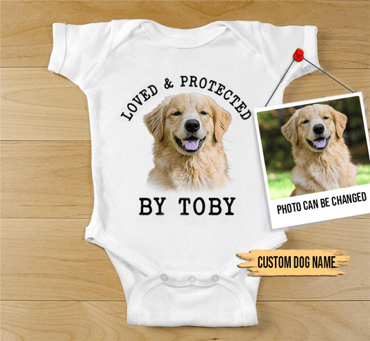 Custom Golden Retriever Baby Onesies, Loved & Protected By Custom Dog Newborn Onesies, Personalized Onesies - Perfect Gift For Baby, Baby Gift Onesie - Amzanimalsgift