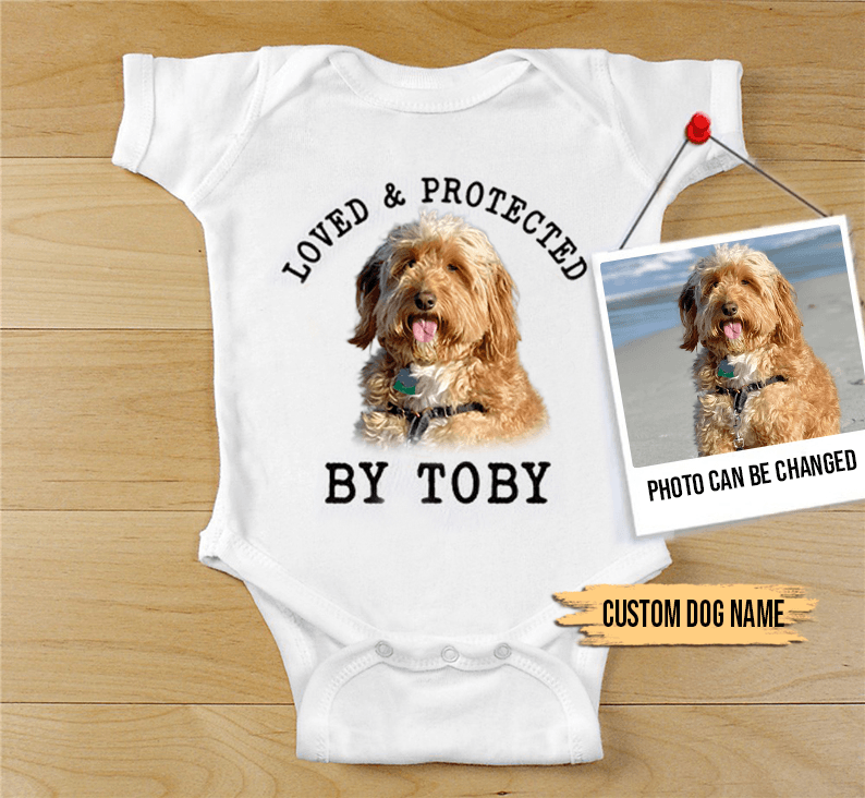Custom Goldendoodle Baby Onesies, Loved & Protected By Custom Dog Newborn Onesies, Personalized Onesies - Perfect Gift For Baby, Baby Gift Onesie - Amzanimalsgift