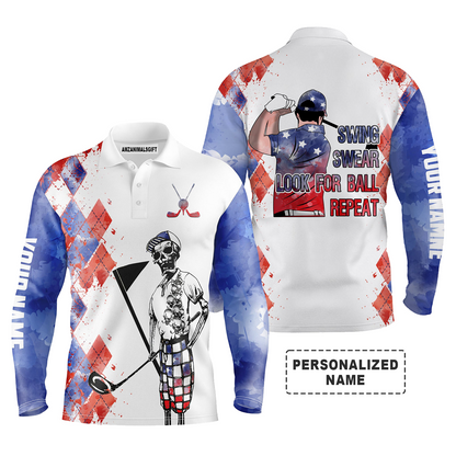 Golf Long Sleeve Polo Shirt Custom Name Skeleton American Flag Men Apparel Swing Swear Look For Ball Repeat, Perfect Outfit For Men, Golfers