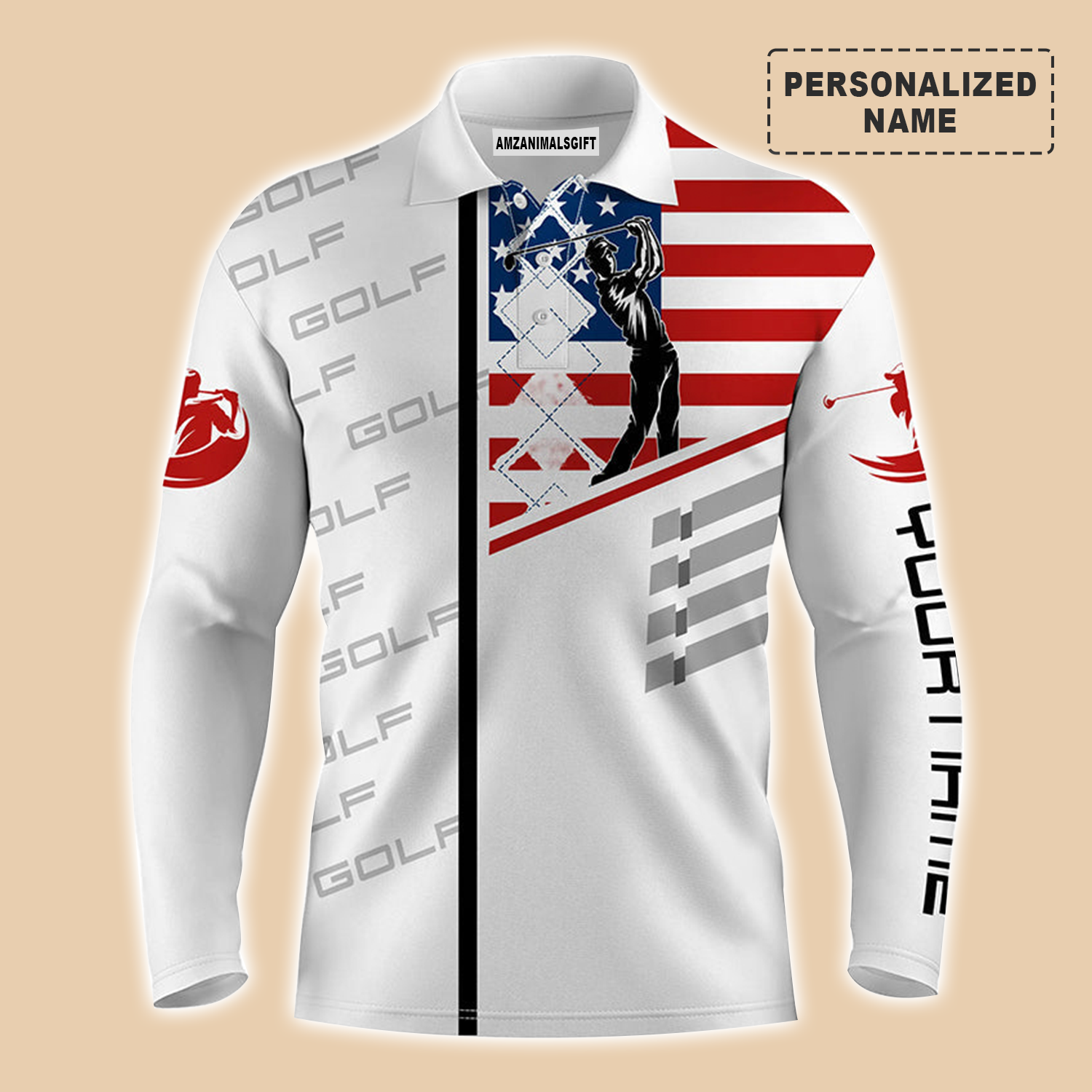 Golf Long Sleeve Polo Shirt American Flag Argyle Pattern Customized Name For Men, Perfect Golf Outfit For Golfers, Team, Golf Lovers