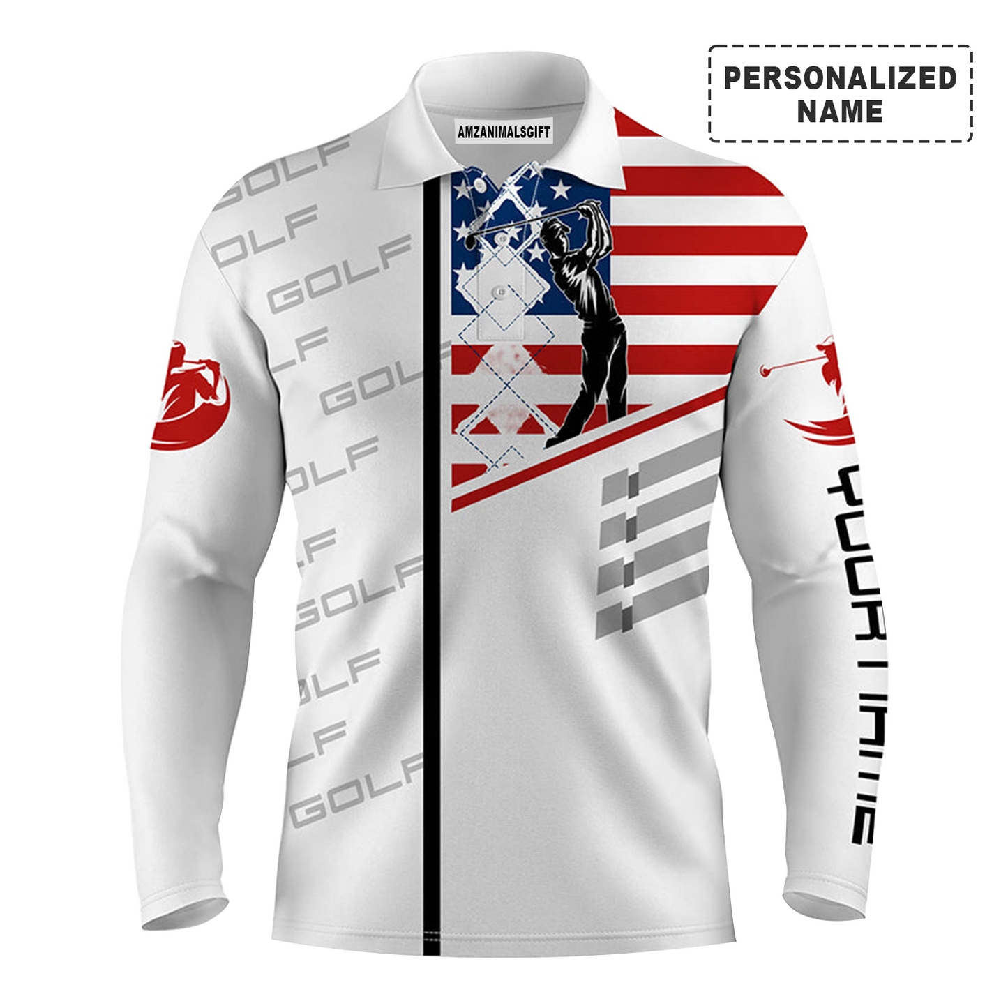 Golf Long Sleeve Polo Shirt American Flag Argyle Pattern Customized Name For Men, Perfect Golf Outfit For Golfers, Team, Golf Lovers