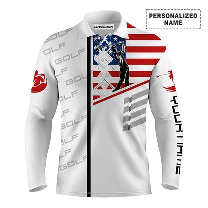 Golf Long Sleeve Polo Shirt American Flag Argyle Pattern Customized Name For Men, Perfect Golf Outfit For Golfers, Team, Golf Lovers