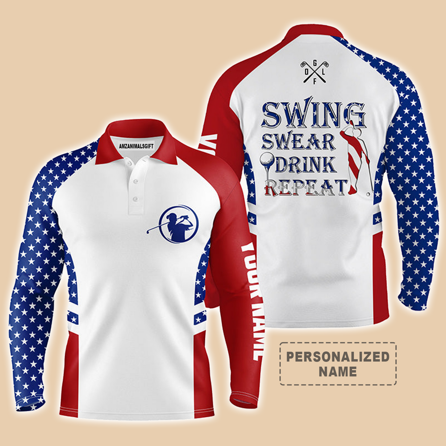 Golf Long Sleeve Polo Shirt For Men American Flag Patriotic Customized Name Swing Swear Drink Repeat, Perfect Golf Outfit For Golfers, Golf Lovers