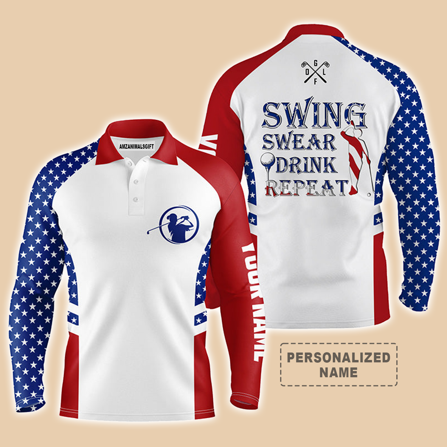 Golf Long Sleeve Polo Shirt For Men American Flag Patriotic Customized Name Swing Swear Drink Repeat, Perfect Golf Outfit For Golfers, Golf Lovers