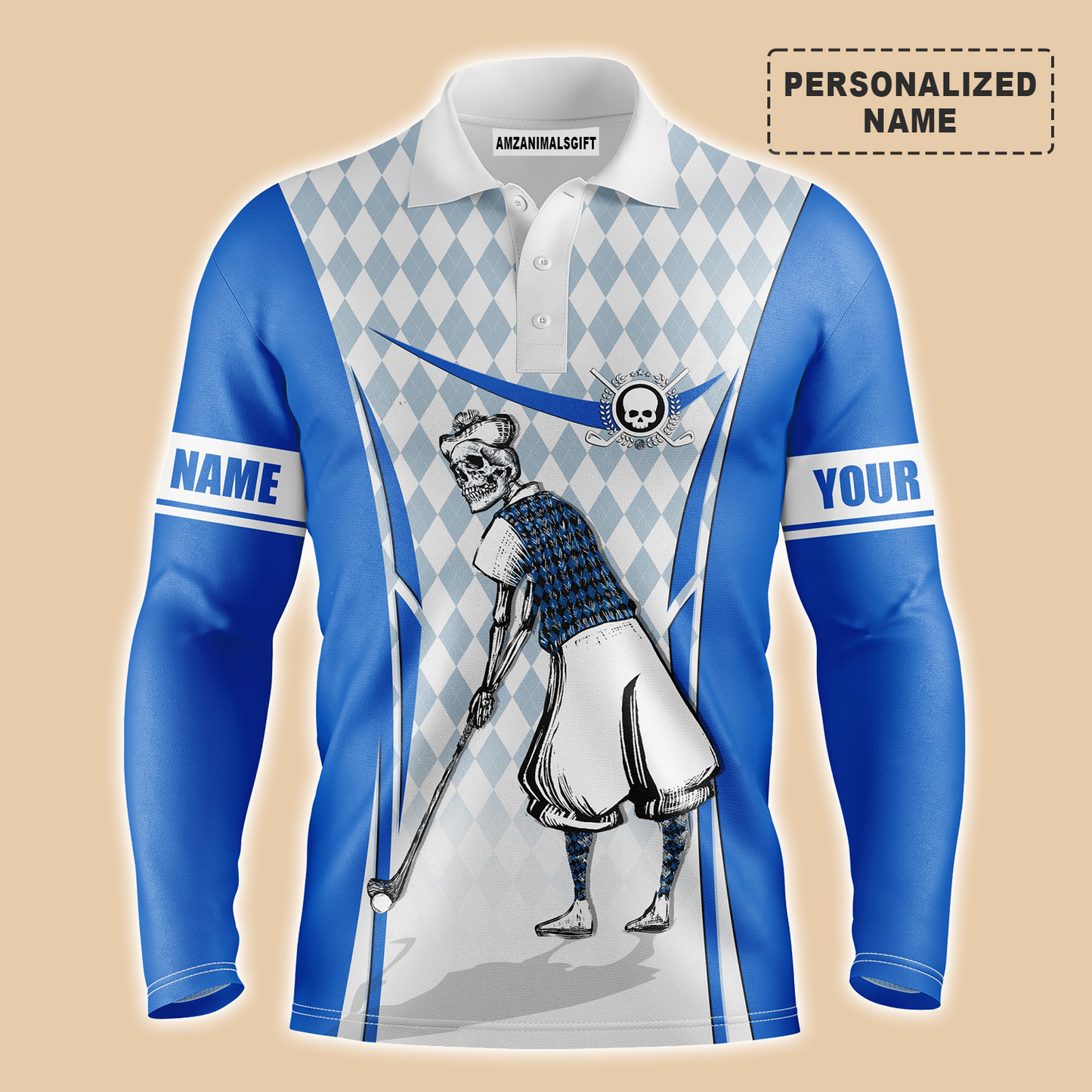 Personalized Name Golf Long Sleeve Polo Shirt Blue Argyle Pattern Skull Men Golf Apparel, Perfect Outfit For Men, Golfers, Golf Lovers, Team