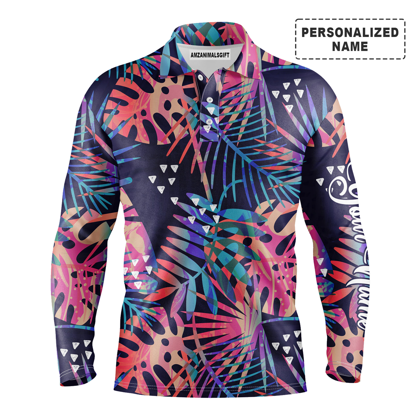 Colorful Tropical Plants And Palm Leaves Long Sleeve Polo Shirt Customized Name Perfect Golf Outfit For Men And Women