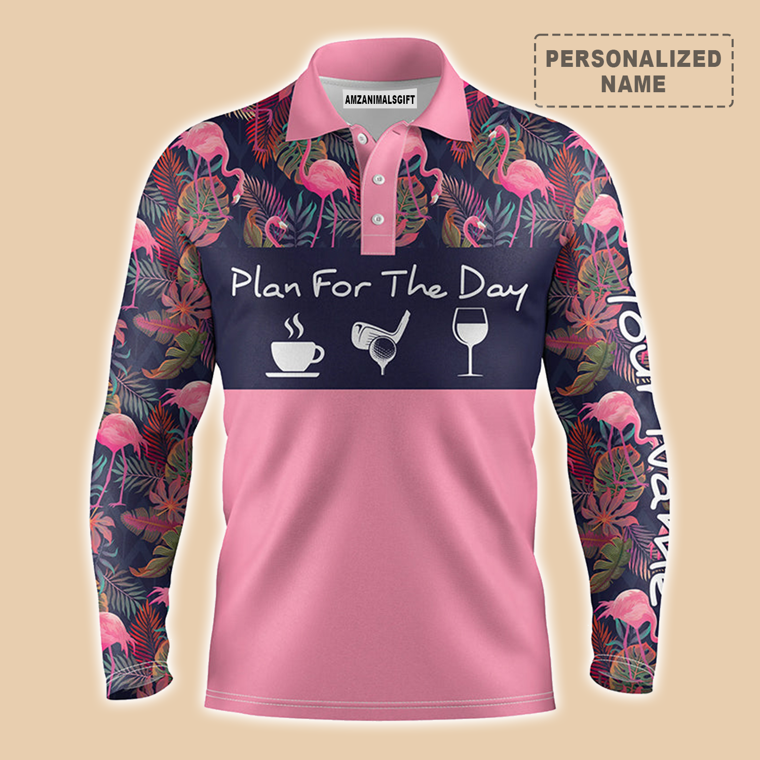 Plan Golf Coffee Wine Tropical Leaves Pink Flamingo Long Sleeve Polo Shirt Customized Name For Men, Personalized Golf Outfit For Golfers, Team