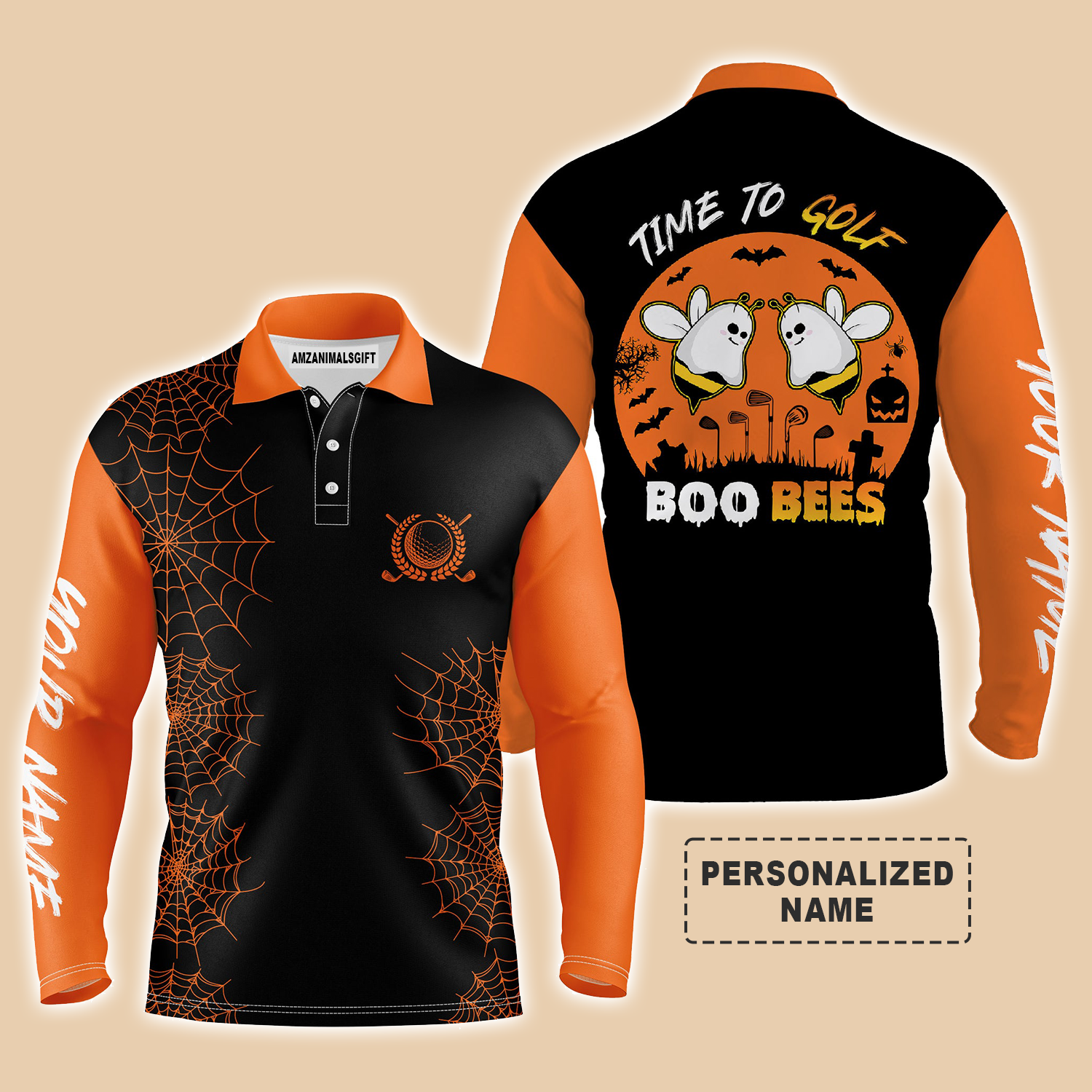 Golf Halloween Long Sleeve Polo Shirt For Men Black Orange Time To Golf Boo Bees Customized Name, Perfect Outfit And Halloween Costume For Golfers