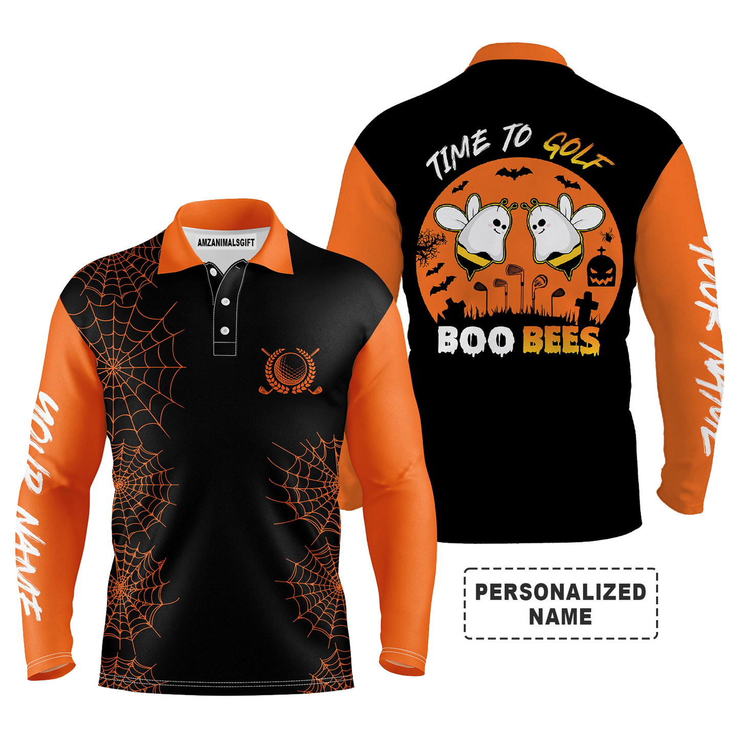 Golf Halloween Long Sleeve Polo Shirt For Men Black Orange Time To Golf Boo Bees Customized Name, Perfect Outfit And Halloween Costume For Golfers