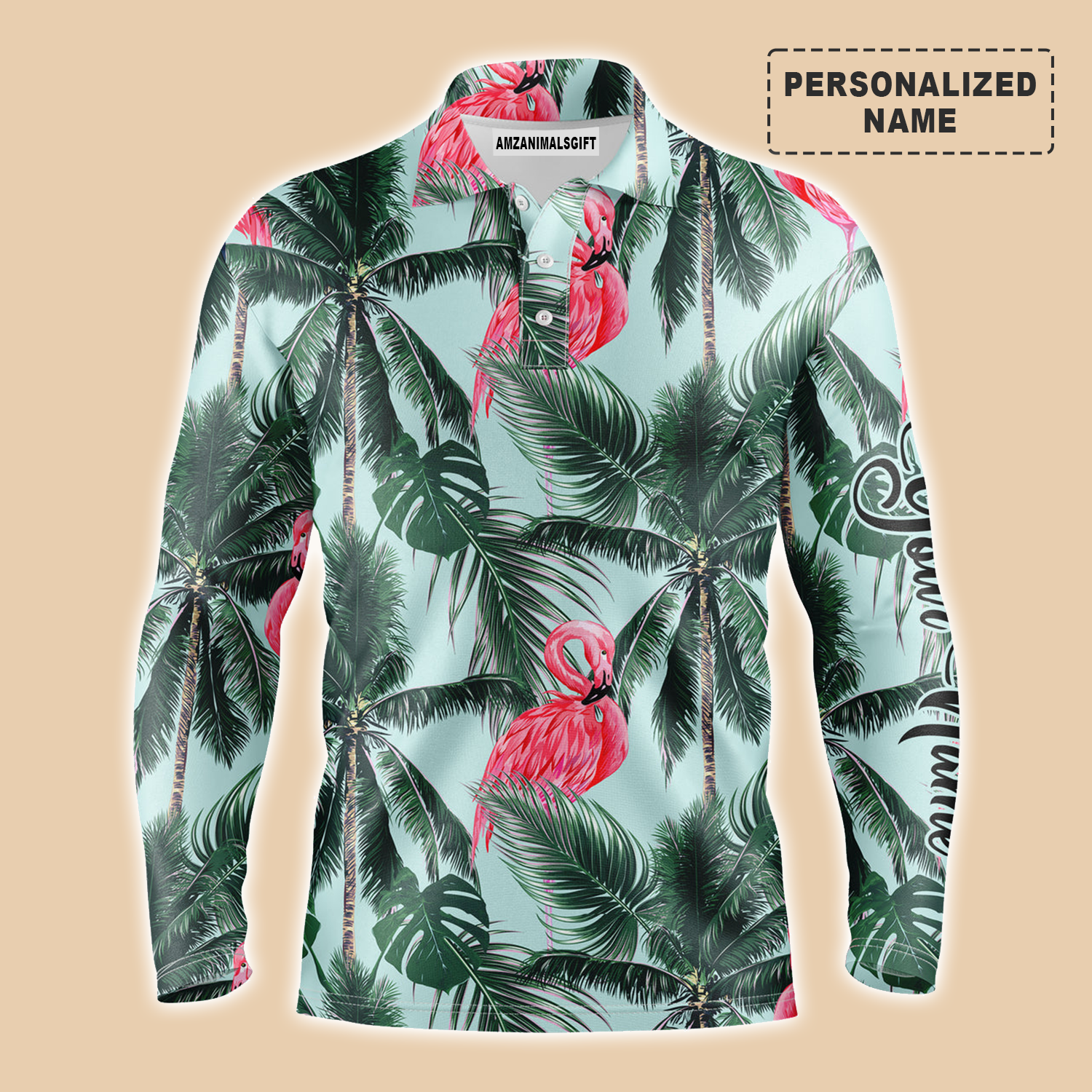 Pink Flamingo Tropical Palm Leaves Long Sleeve Polo Shirt Custom Name Men Apparel, Personalized Outfit For Flamingo Lovers, Men And Women