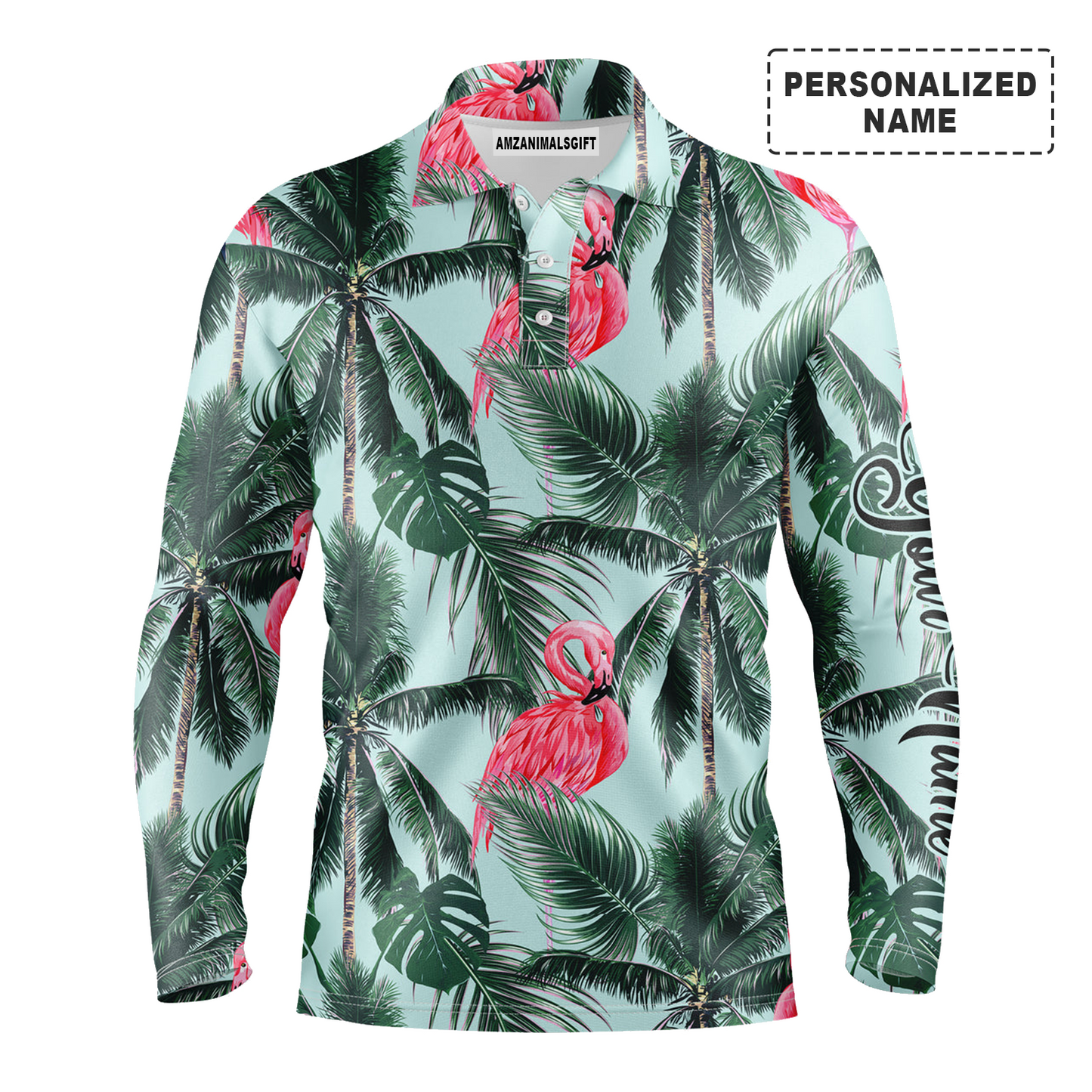 Pink Flamingo Tropical Palm Leaves Long Sleeve Polo Shirt Custom Name Men Apparel, Personalized Outfit For Flamingo Lovers, Men And Women