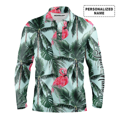 Pink Flamingo Tropical Palm Leaves Long Sleeve Polo Shirt Custom Name Men Apparel, Personalized Outfit For Flamingo Lovers, Men And Women