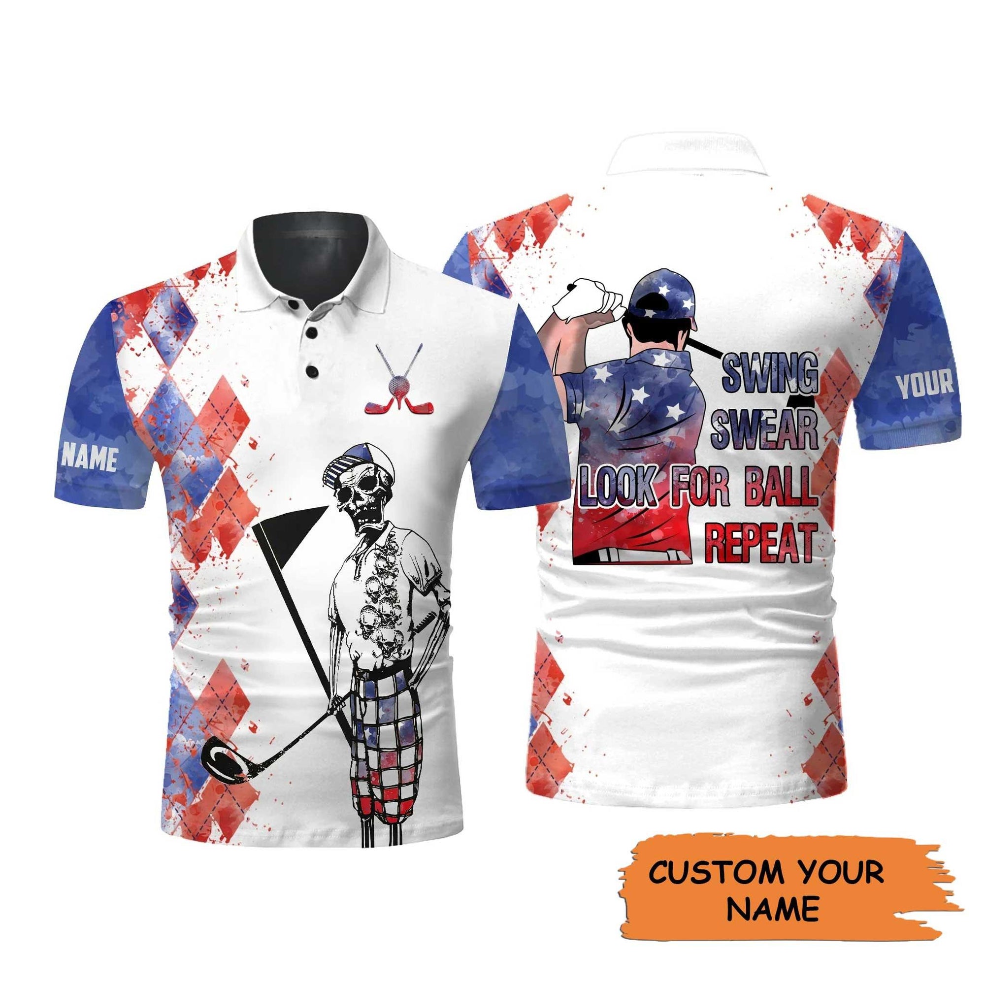 Custom Golf Men Polo Shirt - American Flag 4th July Apparel, Swing Swear Look For Ball Repeat Men Golf Polo Shirt - Perfect Polo Shirt For Men, Golfers - Amzanimalsgift