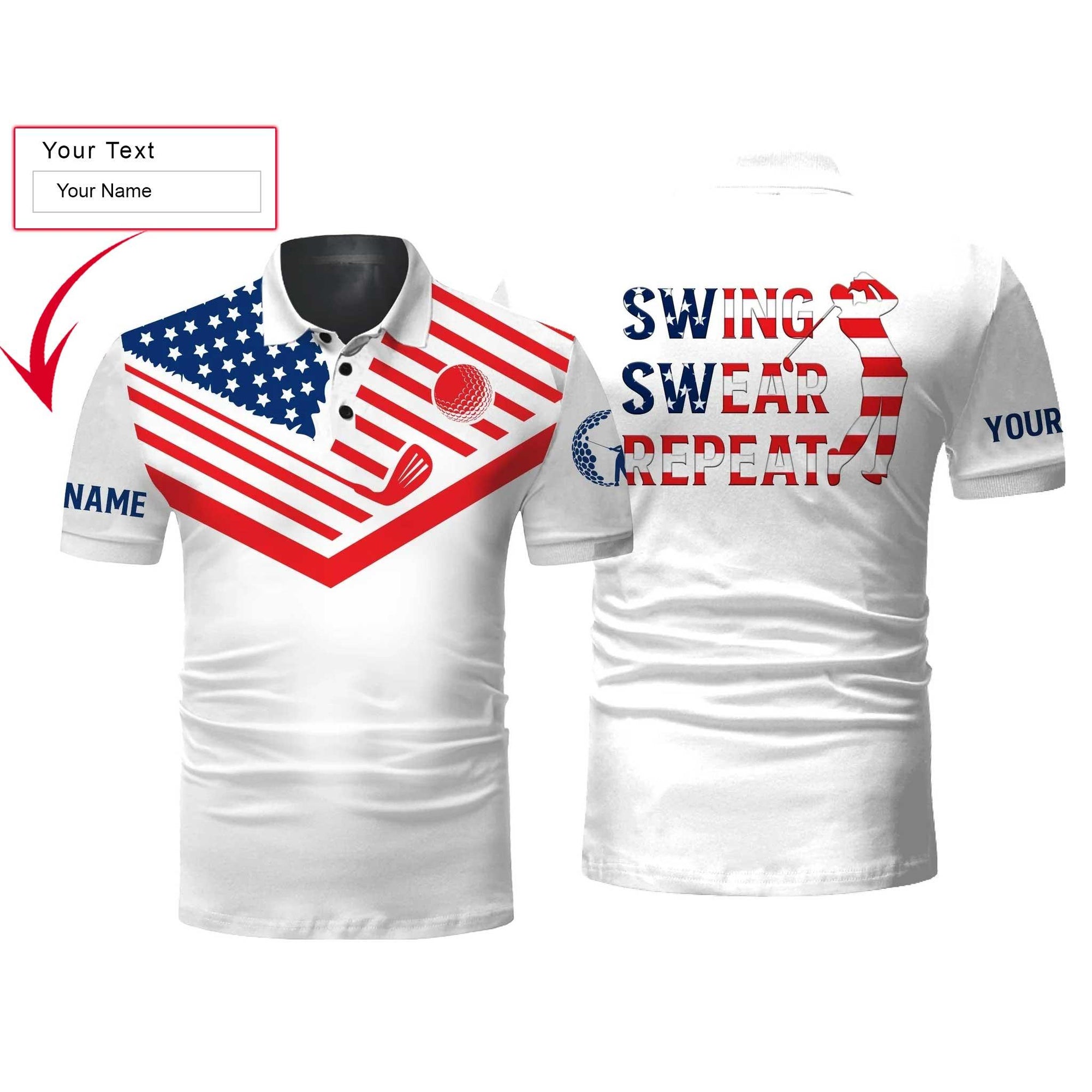 Custom Golf Men Polo Shirt - American Flag 4th July Custom Name Apparel, Swing Swear Repeat Men Polo Shirt - Perfect Polo Shirt For Men, Golfers - Amzanimalsgift