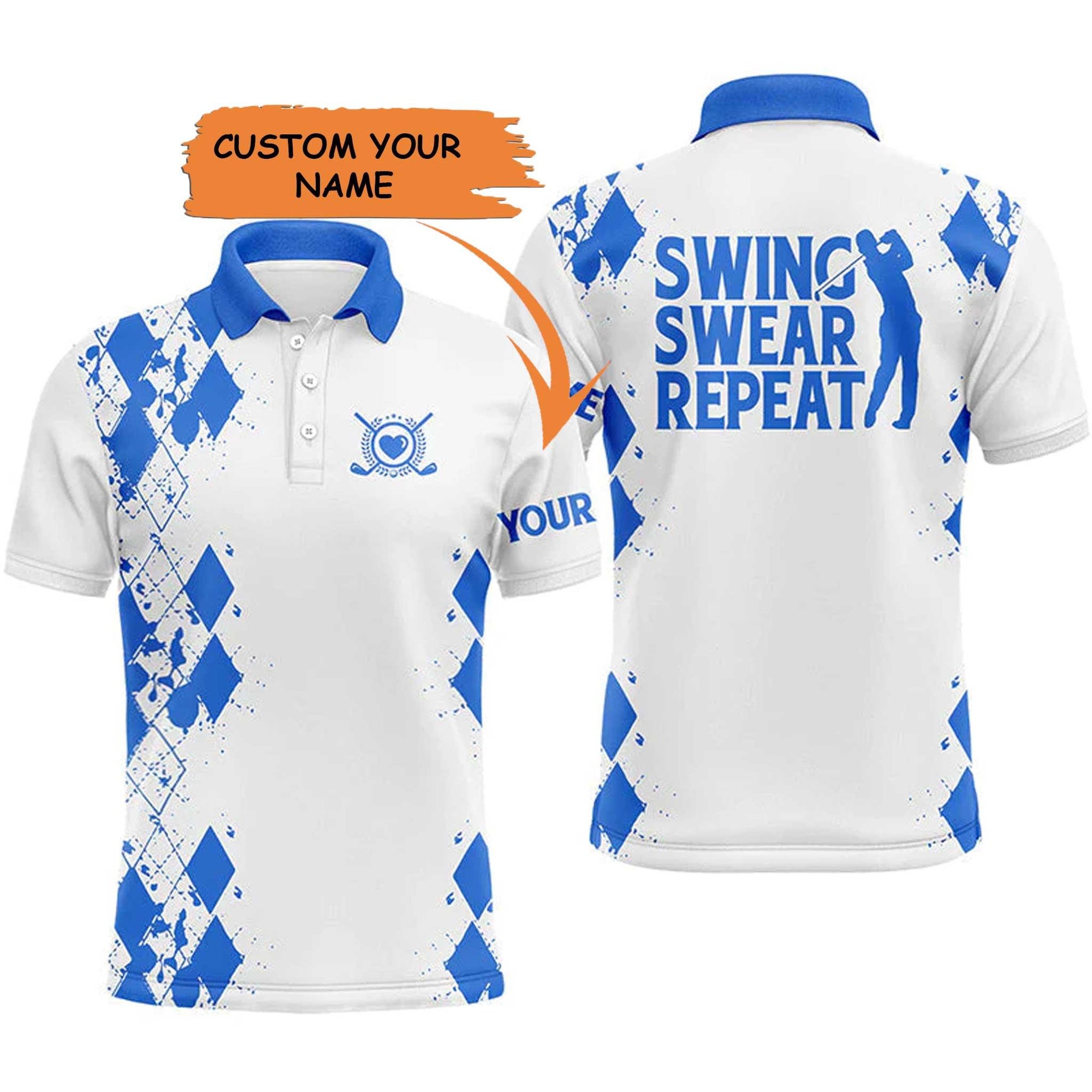 Custom Golf Men Polo Shirt - Argyle Pattern Custom Name Apparel, Swing Swear Repeat Men Golf Polo Shirt - Perfect Polo Shirt For Men, Golfers - Amzanimalsgift