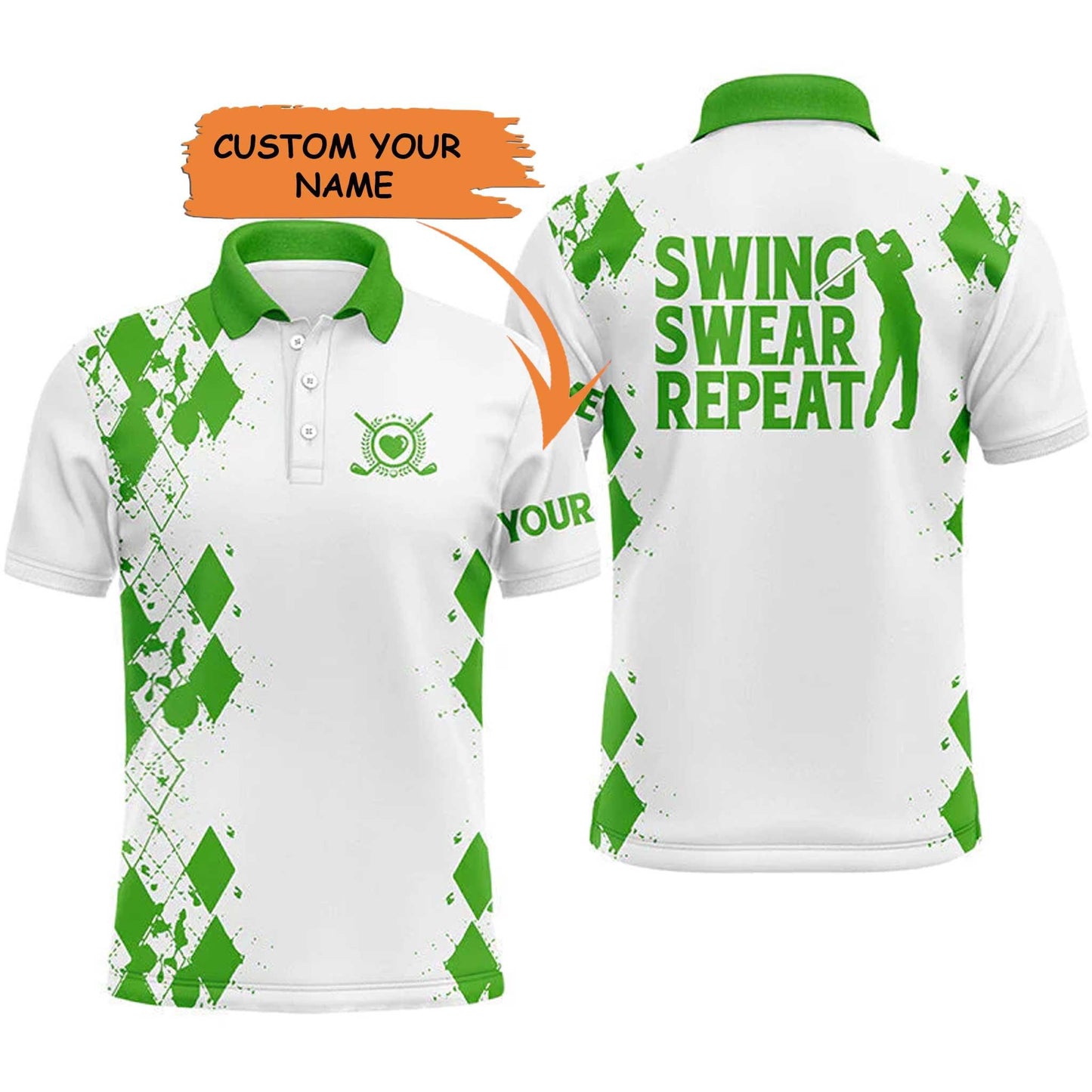 Custom Golf Men Polo Shirt - Argyle Pattern Custom Name Apparel, Swing Swear Repeat Men Golf Polo Shirt - Perfect Polo Shirt For Men, Golfers - Amzanimalsgift