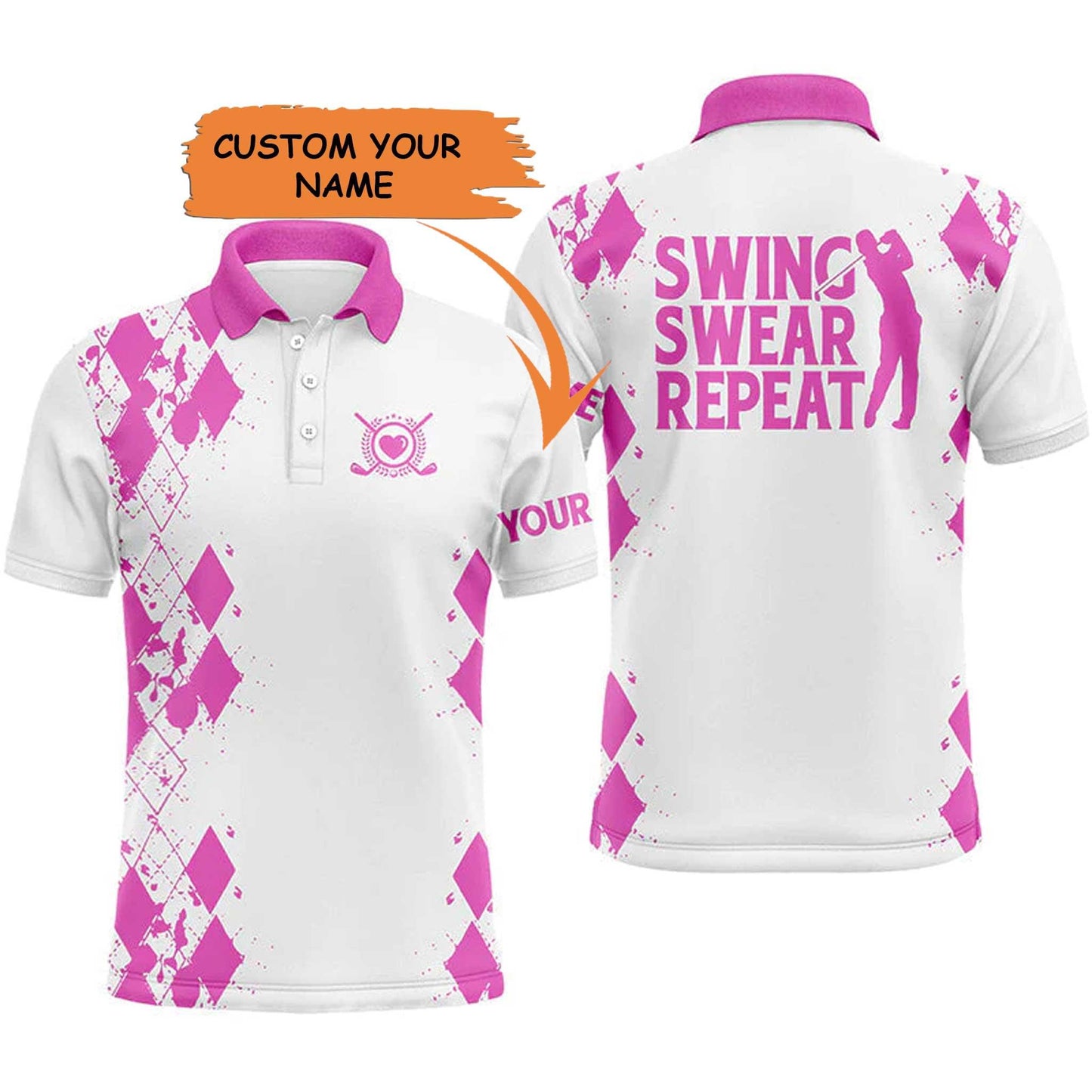 Custom Golf Men Polo Shirt - Argyle Pattern Custom Name Apparel, Swing Swear Repeat Men Golf Polo Shirt - Perfect Polo Shirt For Men, Golfers - Amzanimalsgift