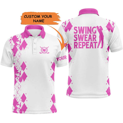Custom Golf Men Polo Shirt - Argyle Pattern Custom Name Apparel, Swing Swear Repeat Men Golf Polo Shirt - Perfect Polo Shirt For Men, Golfers - Amzanimalsgift