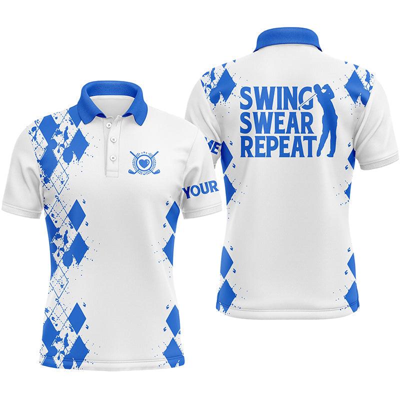 Custom Golf Men Polo Shirt - Argyle Pattern Custom Name Apparel, Swing Swear Repeat Men Golf Polo Shirt - Perfect Polo Shirt For Men, Golfers - Amzanimalsgift