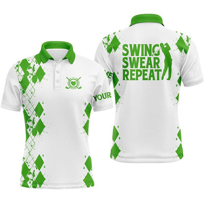 Custom Golf Men Polo Shirt - Argyle Pattern Custom Name Apparel, Swing Swear Repeat Men Golf Polo Shirt - Perfect Polo Shirt For Men, Golfers - Amzanimalsgift