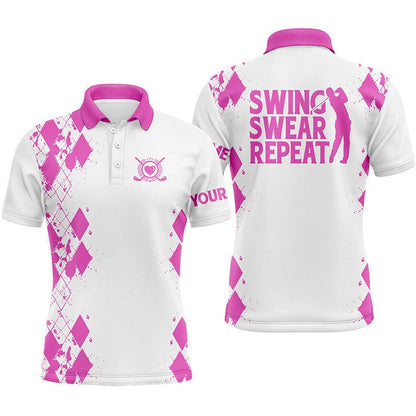 Custom Golf Men Polo Shirt - Argyle Pattern Custom Name Apparel, Swing Swear Repeat Men Golf Polo Shirt - Perfect Polo Shirt For Men, Golfers - Amzanimalsgift