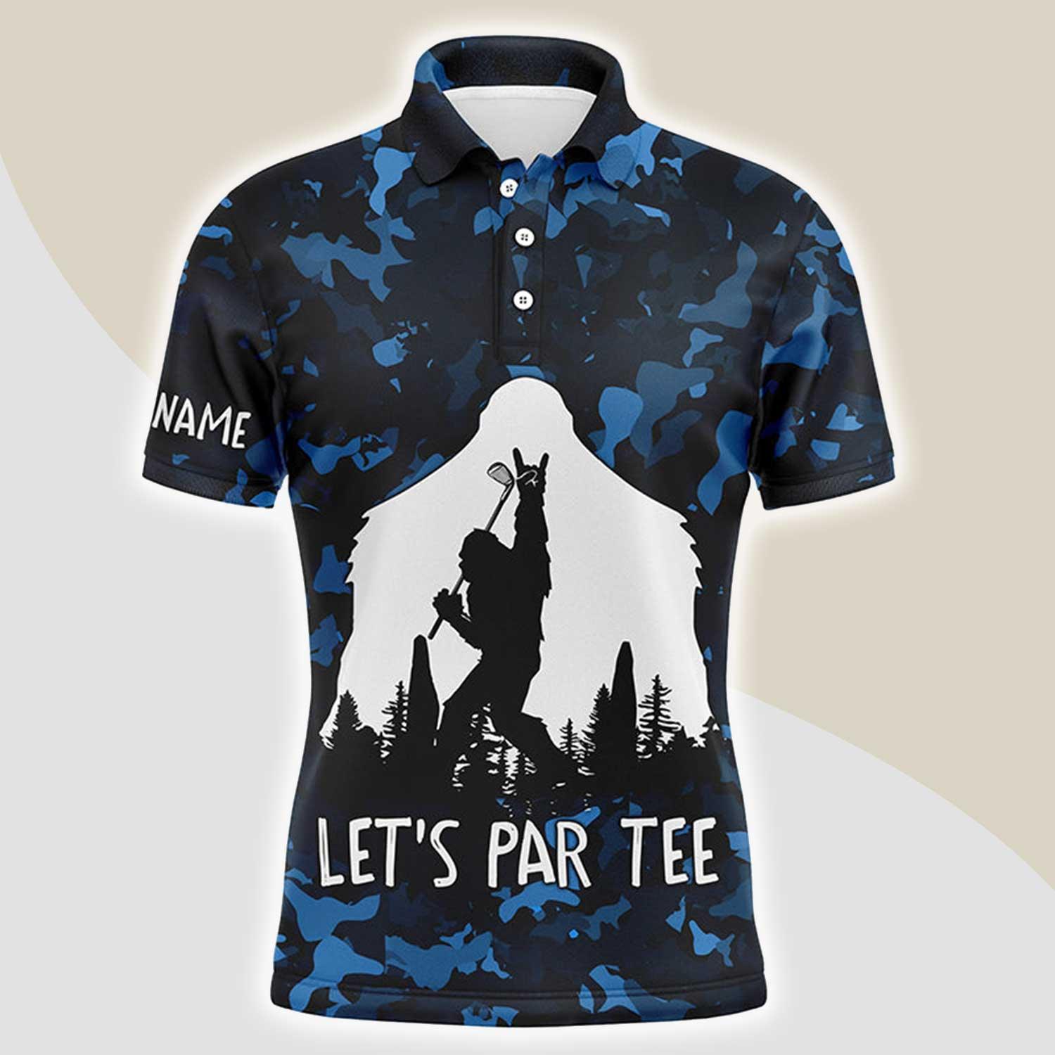 Custom Golf Men Polo Shirt - Bigfoot Golf Custom Name Men Polo Shirt, Funny Bigfoot Blue Camo Custom Polo Shirt - Perfect Polo Shirt For Men, Golfers - Amzanimalsgift