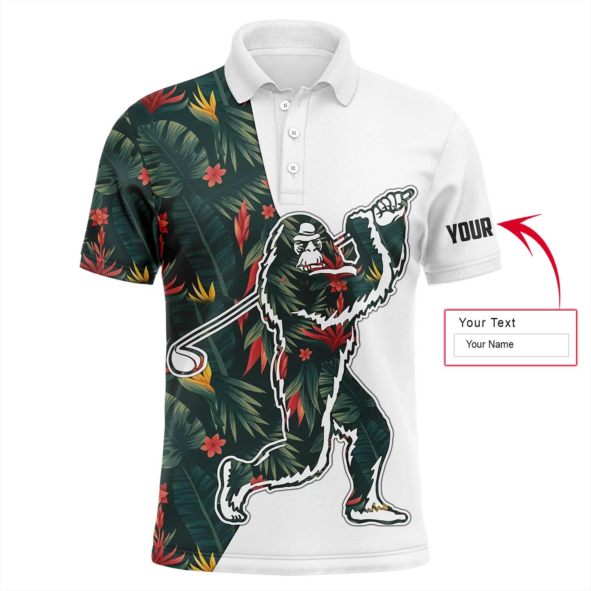 Custom Golf Men Polo Shirt - Bigfoot Golf Custom Name Men Polo Shirt, Funny Tropical Flowers Pattern Polo Shirt - Perfect Polo Shirt For Men, Golfers - Amzanimalsgift